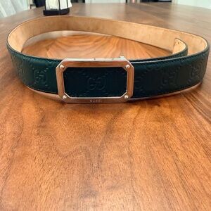 Gucci Dark Green Embossed Belt with Silver-Tone Buckle